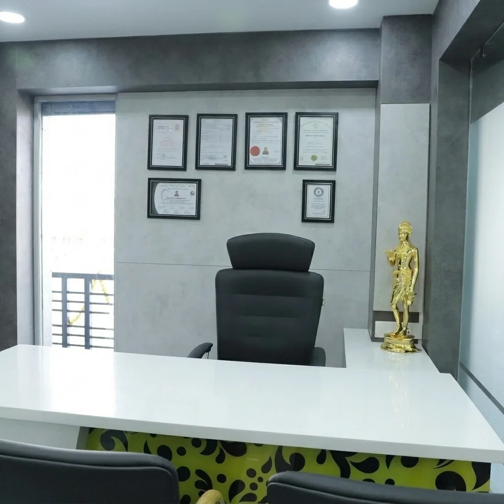 Private consultation room with the doctor's certifications on display