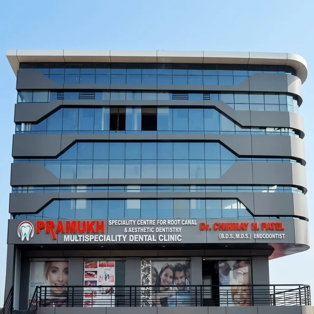 Pramukh Multispeciality Dental Clinic building exterior at Radhanpur Circle, Mehsana