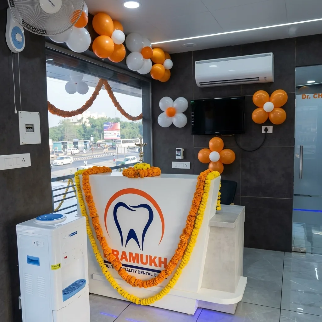 Reception and welcome desk with Pramukh Dental branding